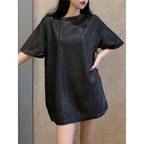 Tシャツ 半袖 ゆったり 無地 キラキラ ダンス トップス レディース 黒いtシャツ Tシャツ黒 ブラック 半袖tシャツ Xl 選択 黒tシャツ