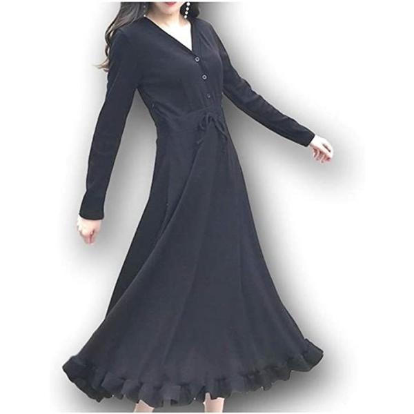 ロング ワンピース 薄手 リブ生地 長袖 夏 喪服 フォーマル 上品 可愛い かわいい 通勤 Vネック 韓国