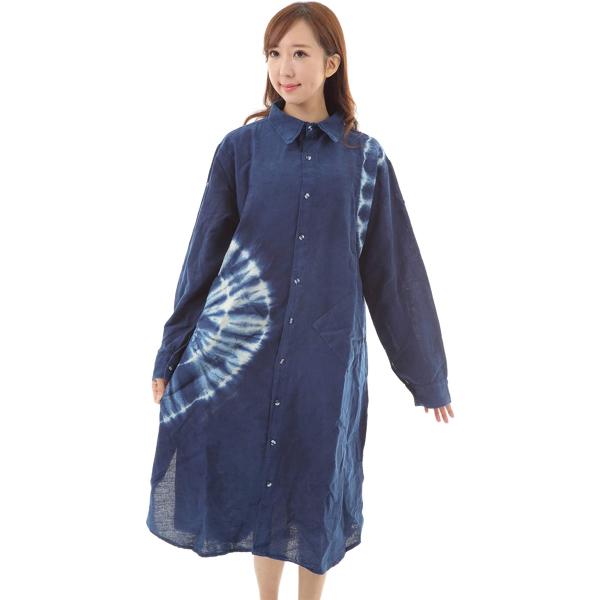 ワンピース 藍染 インディゴ 絞り染め タイダイ 長袖 前ボタン インディゴブルー フリーサイズ Pindo Com Py
