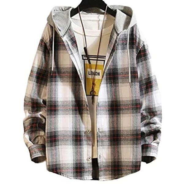 ラッキーチャーム ホワイト メンズ パーカー シャツ 長袖 コットン チェック カレッジパーカー アウトドア 秋 白 服 白