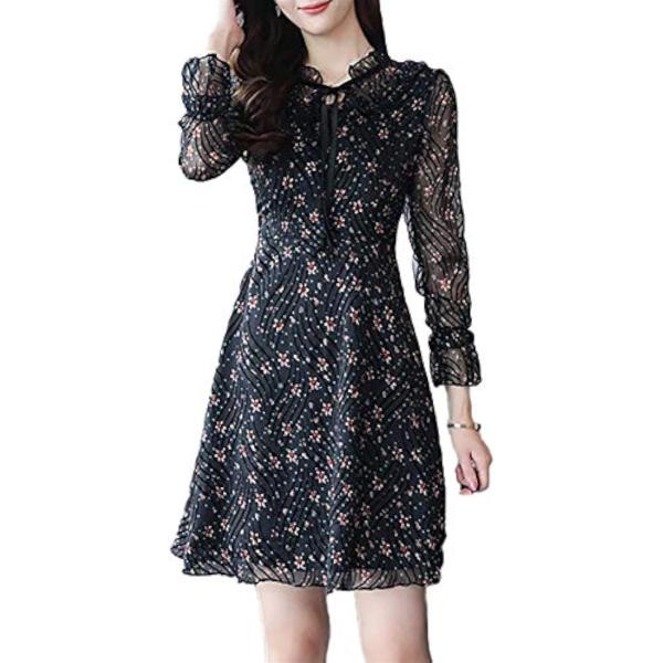 シフォン 小花柄 オーガンジー ワンピース プチハイネック 長袖 レディース ワンピースチュニック ワンピースドレス 40代 ブラック