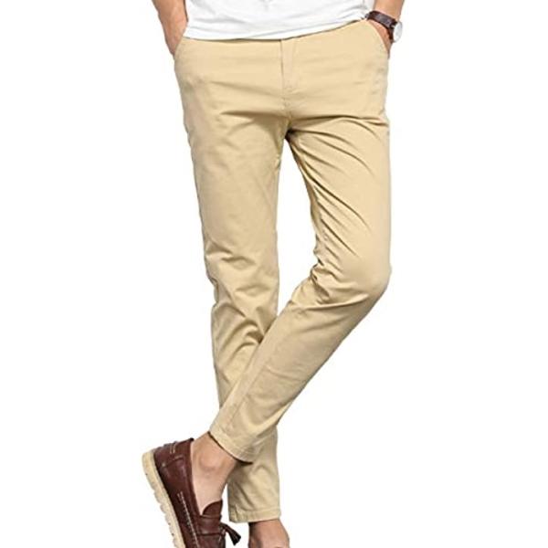 チノパン ストレッチ パンツ メンズ ロングパンツ くるぶし丈 スキニー ズボン ベーシック スリム フィット 無地 細身 ベージュ