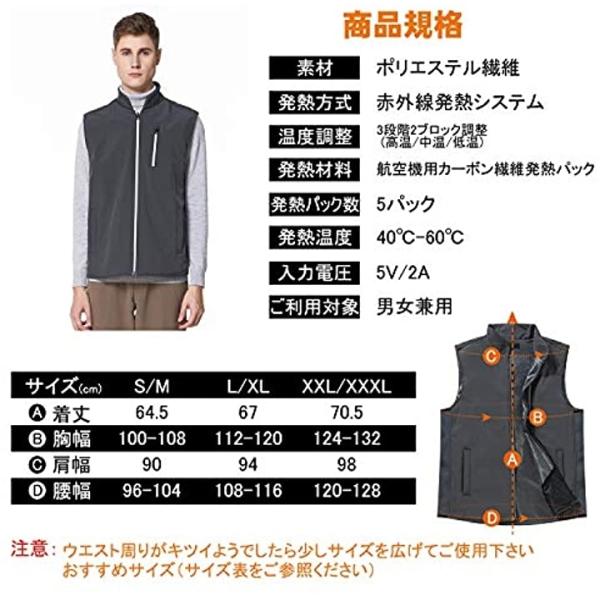 目玉商品 特価 電熱ベスト 加熱ベスト 日本製発熱パック 電熱ジャケット 防寒 策 登山 バッテリー給電 男女兼用 L Ll Usb グレー