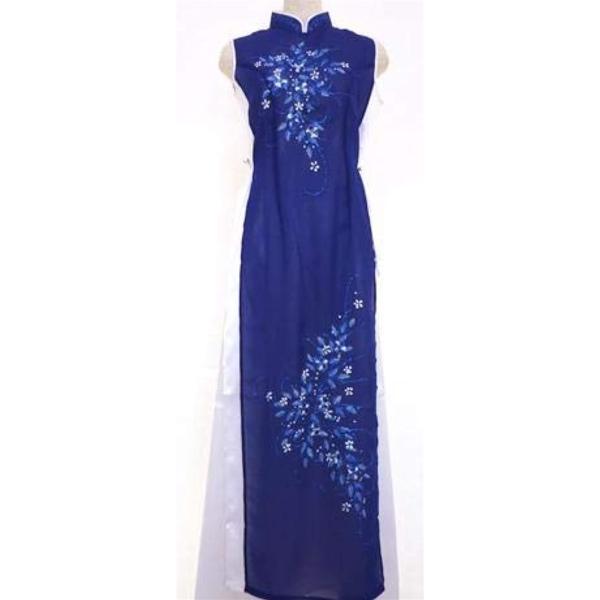 待望 ベトナム 民族 衣装 アオザイ 襟付き パンツ ｘｘｘｌ レディース 袖なし ブルー