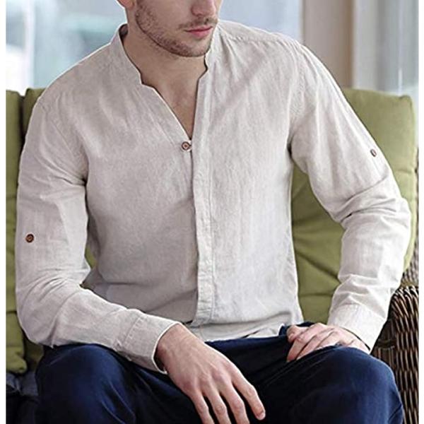 ラッキーチャーム メンズ リネン スリムフィット 襟立てシャツ 長袖 無地 オシャレ M カジュアルシャツ ベージュ 大きい 即日出荷 春物
