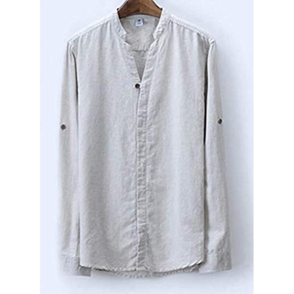 ラッキーチャーム メンズ リネン スリムフィット 襟立てシャツ 長袖 無地 オシャレ M カジュアルシャツ ベージュ 大きい 即日出荷 春物