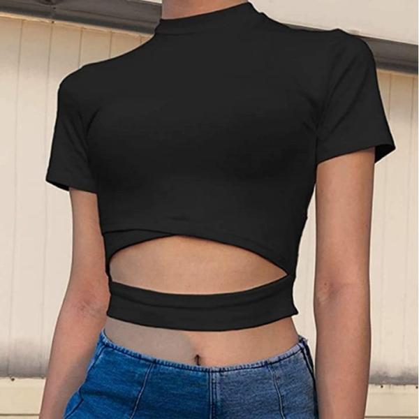 Tシャツ 半袖 ショート 個性的 トップス 無地 大好評です 半袖tシャツ 黒m レディース