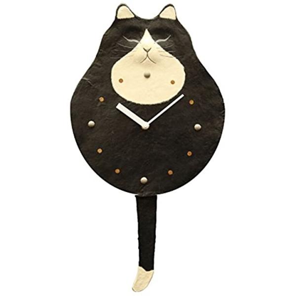 壁掛け時計 手すき和紙クラフト しっぽ振り掛け時計 猫 42 23 3cm 黒ねこ