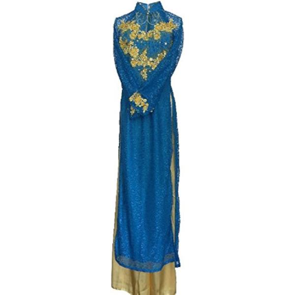 カラフル アオザイ ベトナム 民族 衣装 レース 襟付き 長袖 レディース パンツ ゴージャス ブルー ゴージャス ブルー M