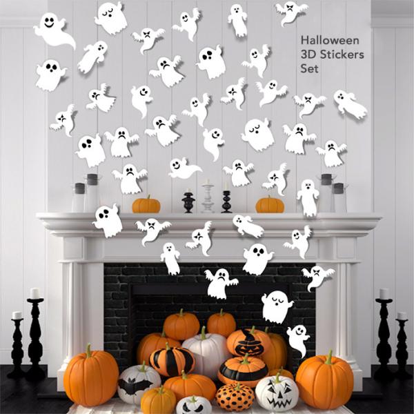 オバケ 3D立体シール21枚セットハロウィンの雰囲気を盛り上げてくれる3Dステッカー階段、玄関、リビングなど空間に合わせて貼り方は自由自在デザインが違うおばけが7種類。お化けの腕の間に折り線が入っており、好きな角度に羽根を折ることができます...