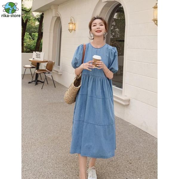 ✨極美品✨ケイトスペード デニム ロング ワンピース パフスリーブ Aライン デニムワンピース ロング 半袖 ティアードワンピース Aライン
