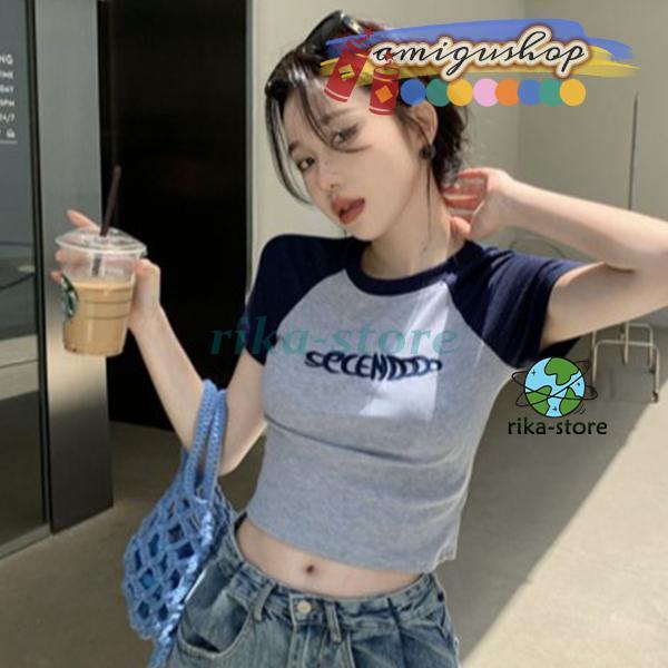 レディース トップス ラグラン Tシャツ 半袖 ロゴ スリムTシャツ へそ