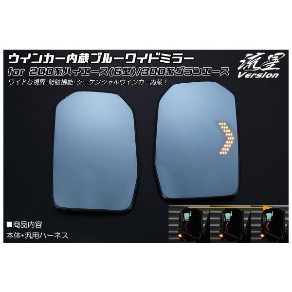 レヴィーア(Revier)　[流星バージョン] ウインカー内蔵ブルーワイドミラー バックプレート交換式 200系ハイエース6型〜 300系グランエース ボンゴブ