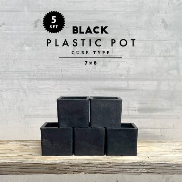 【5個セット】BLACK PLASTIC POT【CUBE TYPE】7.5cm×6.5cm 黒 プラ鉢 3号 植木鉢 ブラックポット おしゃれ かっこいい 厚い 四角 小さい marvista greenship