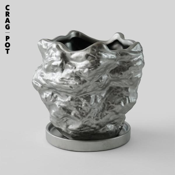CRAG POT【SILVER】Φ16cm×H16cm 植木鉢 陶器 5号 おしゃれ かっこいい 塊根 盆栽 個性的 ディテール テクスチャ アガベ 多肉 塊根 クラッグポット 岩 シルバー