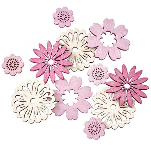 かわいいお花の木製パーツ。フラワーアレンジや、結婚式の手作りウェルカムボード、店頭ディスプレイに。桜や梅をイメージしたピンク＆ホワイトのアレンジパーツは、春の小物と相性ピッタリ。かわいいものが好きな方へのお誕生日プレゼントのラッピングに使っ...