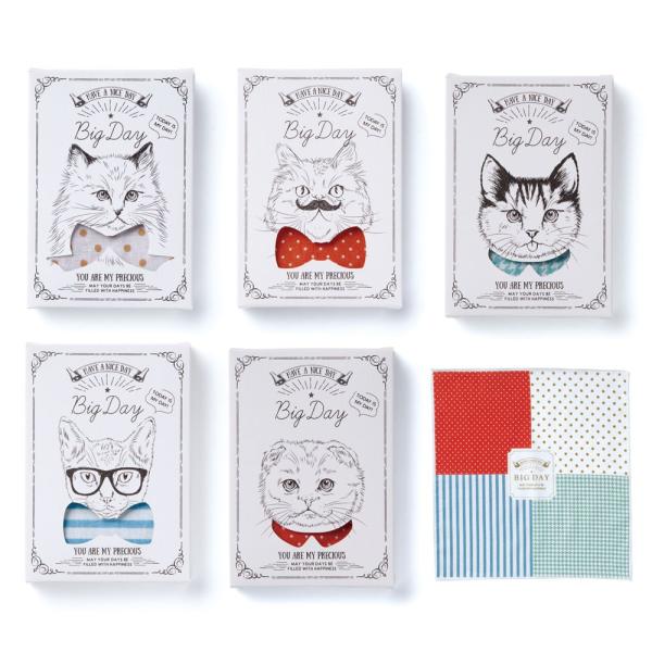 ５種類のねこちゃんたちのネクタイやリボンシェイプから見える柄が、そのままハンカチの柄★印字されている「Big Day」は記念日や誕生日、結婚式の日など、「とても大切な１日」のこと。愛猫家の新郎新婦の結婚式や披露宴・二次会のギフトとしてはもち...