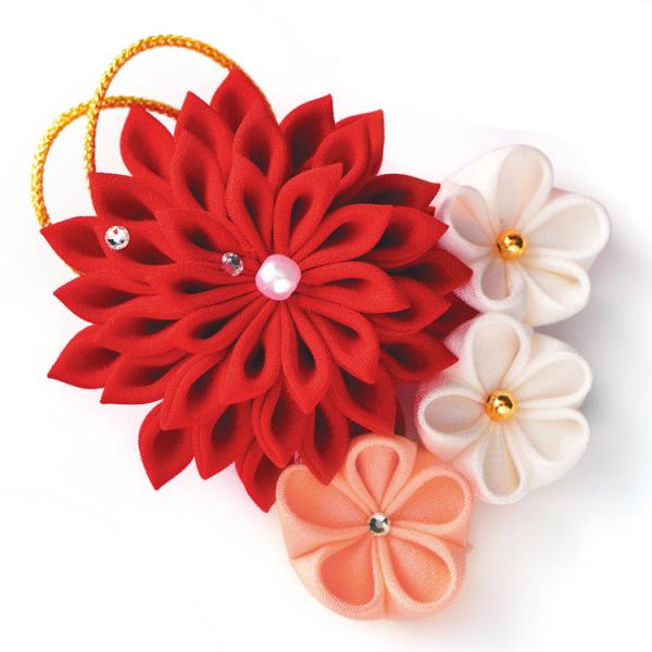 正絹 つまみ細工 お花のブローチ きらめき 赤 手作りキット ちりめん手芸 ハンドメイド 七五三 成人式 アクセサリー 梅 菊