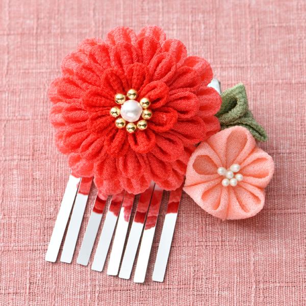 【ハンドメイド】ちりめん細工 ブローチ つまみ細工 お花のブローチ かれん 赤 手作りキット ちりめん手芸