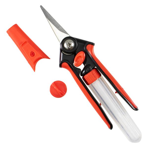 Vカットハサミの後継品です。青枯病等の汁液感染を防ぐために、除菌液で濡らしながら作業をできる鋏です。消毒液(用途に合わせた市販品をお使いください)を入れ、刃を下に向けると消毒液が刃に流れます。刃が濡れたら上に向けて使用してください。下に向け...