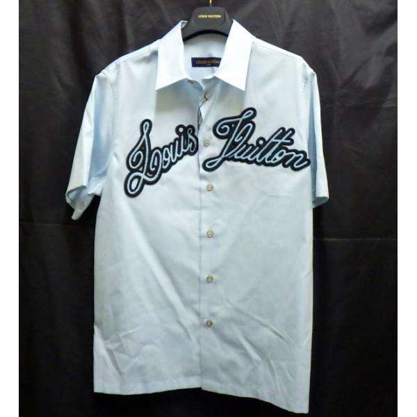 【未使用 S品】 ルイヴィトン エンブロイダードショートスリーブ コットンシャツ メンズ 1AFRLO ブルー Sサイズ shichinoyamazaki_c-6-9883