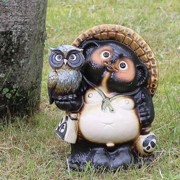 信楽焼 10号ふくろう持ち狸(青) たぬき タヌキ 狸 開運 縁起物 可愛い