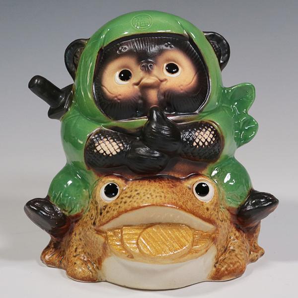 信楽焼 たぬき 忍者 ジライヤ 蛙に乗ったタヌキ 小判 置物 可愛い 狸