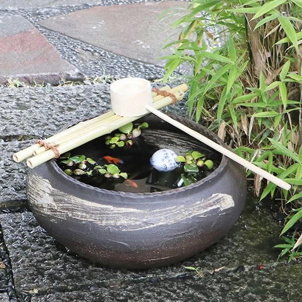 信楽焼  つくばい 竹付つくばい 金魚鉢 メダカ鉢  陶器 ツクバイ 蹲 手水鉢 花器 睡蓮鉢 しが...