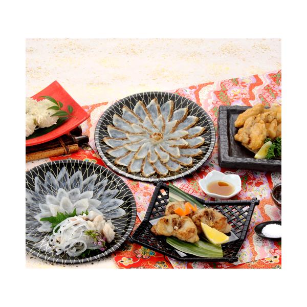 商品内容とらふく刺身30g、とらふく皮40g（プラスチック皿19cm）、まふく炙り刺身60g（プラスチック皿19cm）、とらふく入りしゅうまい30g×4、ふくから揚げ粉付き200g（ゴマフク）、ふく焼き用昆布味100g（ゴマフグ）、ポン酢3...