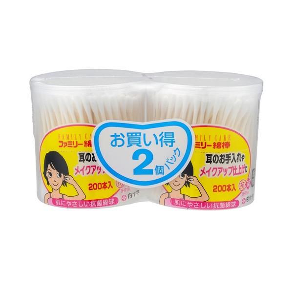 商品説明：円筒ケースに入った、紙軸タイプの綿棒風呂上りや水泳の後の耳のお手入れ、細かい部分の清掃、塗布に便利にご使用いただけます。メイクアッフ゜の仕上げに。天然キトサン(抗菌剤)使用肌にやさしい抗菌綿球内容量:200本x2個