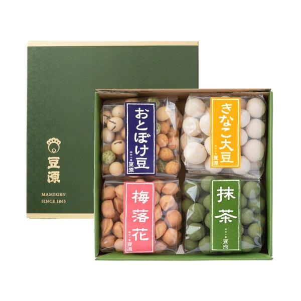 人気の豆菓子を彩りよく詰め合わせました。（4袋入り）※こちらのお箱は、スリーブが包装紙代わりとなった簡易包装です。《種類》*季節によって異なる場合がございます。おとぼけ豆…（落花生）…豆源一番人気の豆菓子です。「青海苔」「きざみ海苔」「海老...