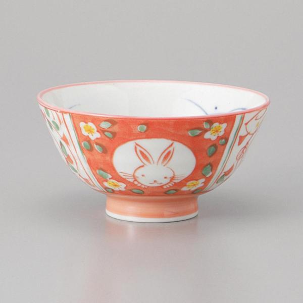 ご飯茶碗 子供茶碗 陶器 うさぎ 赤 おしゃれ 和食器 業務用 美濃焼 24a571-23