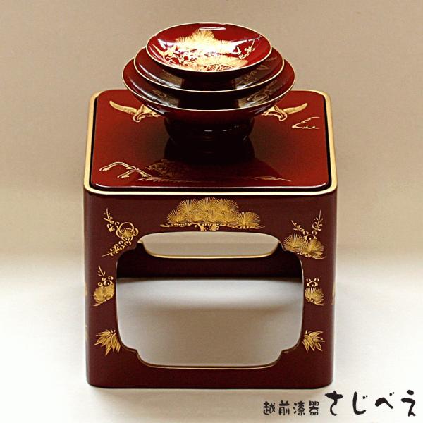 漆塗　木盃　丁字台付　松竹梅鶴亀　五ッ組盃 漆塗 木盃 丁字台付 松竹梅鶴亀 五ッ組盃