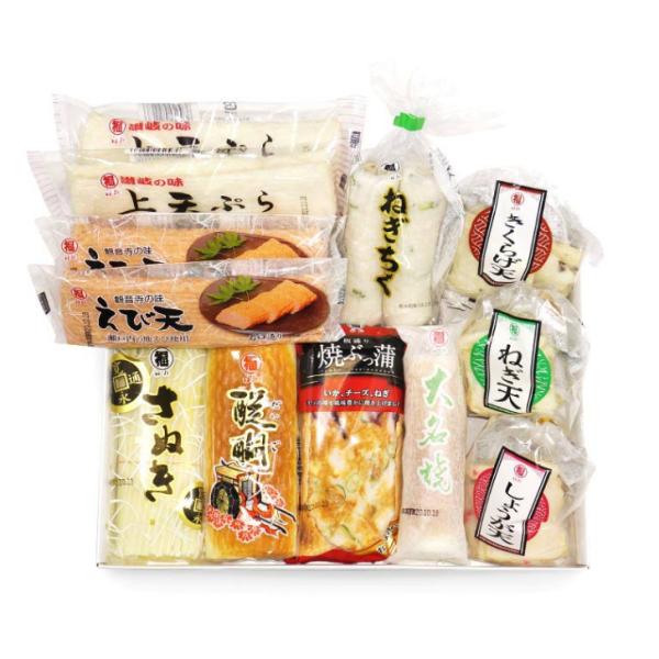 讃岐の味 上天ぷら(２枚入)×2 / えび天×2 / さぬきすまき×1 / 醍醐×１/板盛り焼ぶっ蒲×1 / ねぎちく(２本入)×1 / 大名焼×1 / ねぎ天(５枚入)×１/しょうが天(５枚入)×１/きくらげ天(５枚入)×１