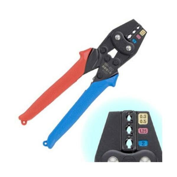 特長●耐久性　連続試験回数35,000回合格●成形確認機構内蔵●軽くて堅牢、使いやすい工具です。●ずらっと並んだ端子台での圧着に。用途●絶縁皮膜付圧着端子・スリーブ用仕様●全長：183●質量(g)： 250●適合端子： 絶縁被覆付圧着端子・...