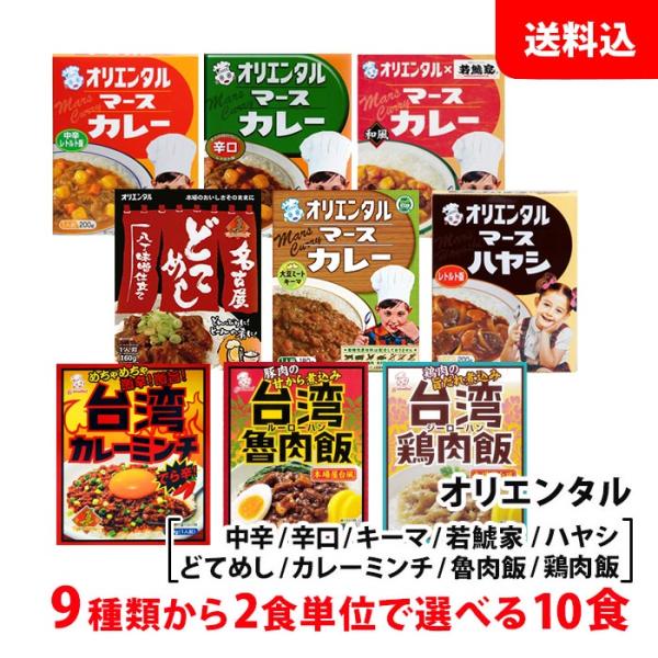 送料無料 オリエンタル お試しセット 10食 ≪ 中辛 辛口 キーマ 若鯱家 ハヤシ どてめし カレーミンチ 魯肉飯 鶏肉飯 ≫ 9種類から2食単位で選べる レトルト