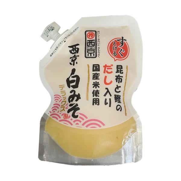 京都の老舗「西京味噌」の白味噌です。人気の白味噌「西京白みそデラックス」に昆布とかつおの出汁を合わせ、西京白みその美味しさがより引き立つよう仕上げました。【使い方】●白みそ汁：水150ccに本品45g程度が適量です。※京雑煮には少し濃い目が...