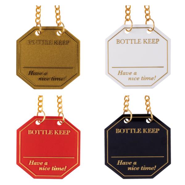 サイズ：W45×H44mm重　量：50g材　質：本体／硬質PVC（ロゴマーク箔押）　　　　チェーン／アルミカラー：黒・白・赤・金入　数：10枚検索ワード　ボトルネーム　ボトルタグ　　　　　　ボトルネックレス　ボトル札　　　　　　ボトルキープ...