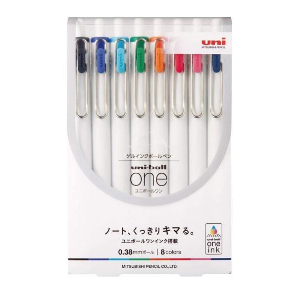 ユニボールワン 0.38mm  8色アソート オフホワイト軸 ボールペン ゲルインク ビーズパック顔料  くっきり 速乾 にじまない  高校生 ノート 手帳 学習 色分け