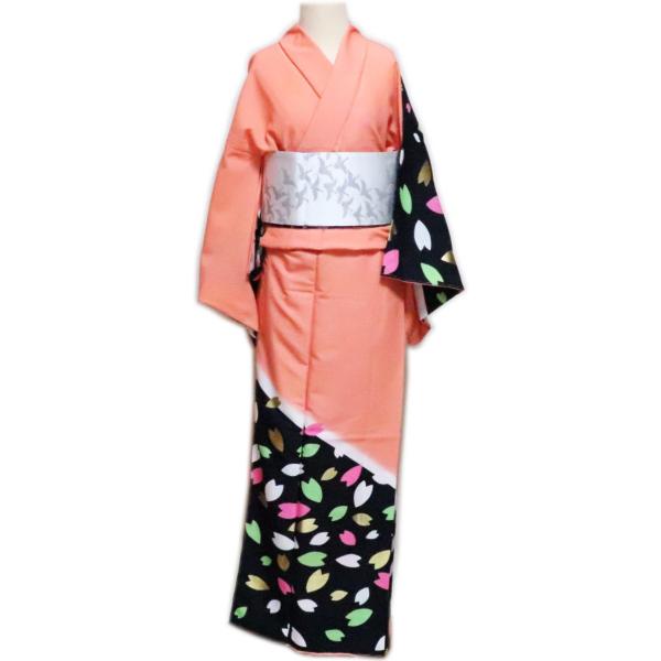 仕立上　絵羽“胴抜仕立　ピンク黒色分け地　金箔　桜花びら「舞台衣装・ステージ衣装」日本舞踊・演劇・着物　踊り着物 踊り用　八掛仕立て shimoyae_10000020-203