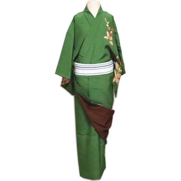 仕立上　男物 絵羽　附下“胴抜仕立”≪緑地　箔押葉柄≫八掛仕立 八掛茶「舞台衣装・ステージ衣装」着物　踊り着物 踊り用 仕立上 男物 絵羽 附下“胴抜仕立”≪緑地 箔押葉柄≫八掛仕立 八掛茶