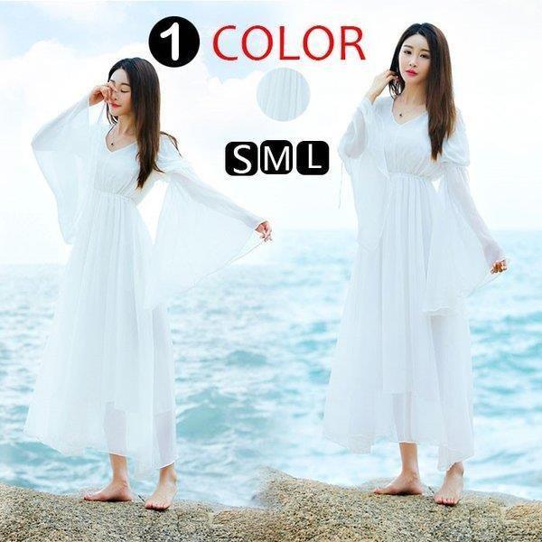 マキシワンピース 長袖 ボヘミアン風リゾートvネック シフォン ロング丈ドレス カジュアル 夏森ガール 白着痩せ ビーチワンピーｓ ｍ L Shin Shin 8 通販 Yahoo ショッピング