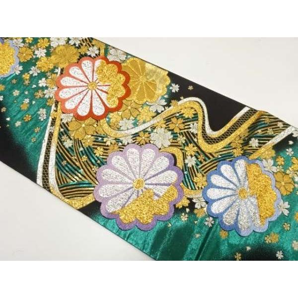 流水に菊花模様 織り出し袋帯 着物 袋帯 彩り鮮やかな流水に花模様
