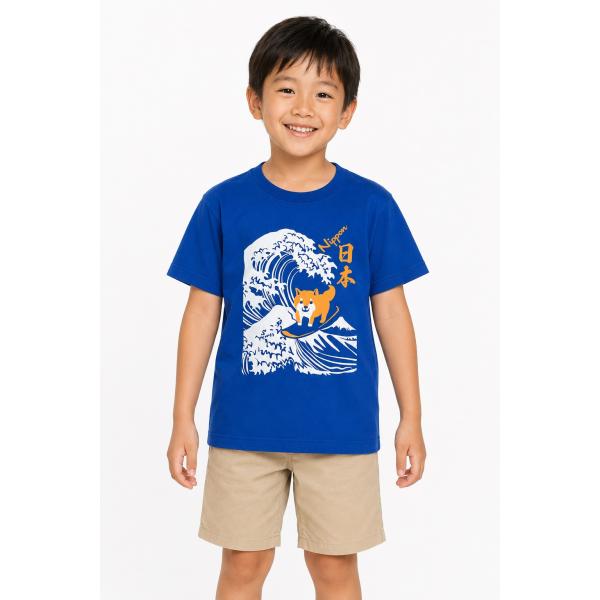 キッズＴシャツ　柴犬サーフィン（青色）男児女児兼用 和柄Tシャツ 半袖 4才〜12才｜波乗り柴犬・富士山・日本デザイン