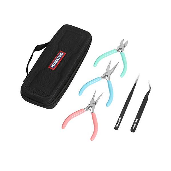 他サイト： WORKPRO アクセサリー工具セット ペンチ 平やっとこ ニッパー 丸ペンチ ピンセット 手芸用 5本組 収納ケース付の商品画像