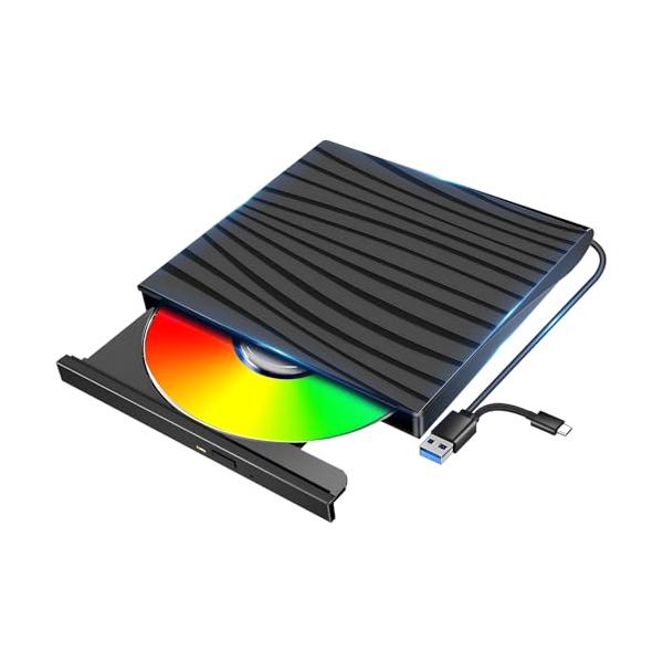 外付けDVDドライブ CD DVDドライブ USB3.0&amp;Type-C両用ケーブル 読取/書込可 静音 DVDプレーヤー 外付けDVD/CDドラ