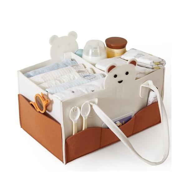 他サイト： Sunveno 可愛なフェルト製ベビー用品収納バスケット＆おむつポーチ、取り外し可能な内部デザイン、折りたたみ可能、家庭、車、外出に便利の商品画像