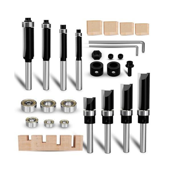 METOTY 8本セットルータービット 6mm軸 ストレートビット ターンガイドべアリング付き トリトリマー ビット（交換用のベアリングとネジが