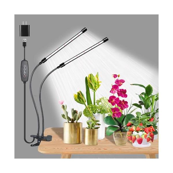 屋内植物用栽培ライト、84 LED デュアルヘッドクリップ植物ライト、フルスペクトル、フレキシブルグースネック、3/6/12時間タイマー、自動オ