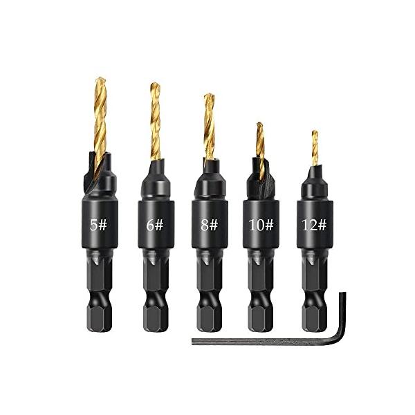 材質高速度鋼製、熱処理、強化、耐久性に優れた高速度鋼で、優れた切削力を発揮します。・セット内容#5/#6/#8/#10/#12規格のドリルと六角レンチも付いています。・優れた設計皿穴ビットは自動スタートポイントを採用し、5スロット設計により...